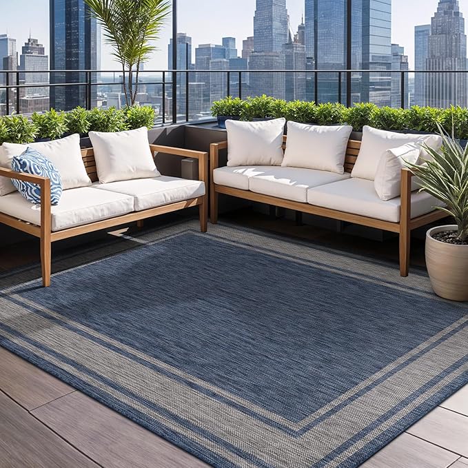 Beverly Rug Large Outdoor Rug 9x12 Modern Bordered Area Rugs for Indoor and Outdoor Patio Deck Porch Garden Waterproof Weather Sun Resistant Washable Outside Carpet (9 x 12 Navy)-Ruum Studio Home