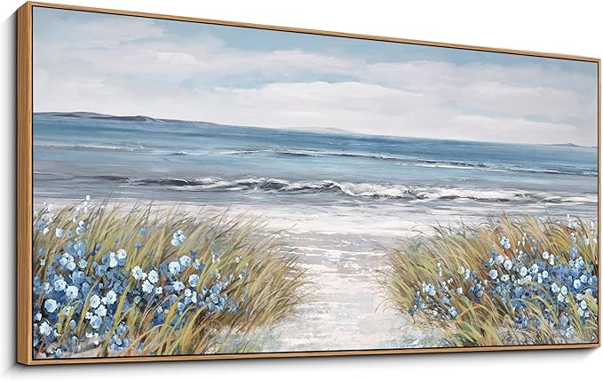 XLSJERST Framed Wall Art for Bedroom Decor - Farmhouse Boho Beach Coastal Vintage Floral Ocean Wall Picture Daisy Flowers Sea Canvas Print Nautical Neutral Seascape Artwork for Home Living Room-Ruum Studio Home