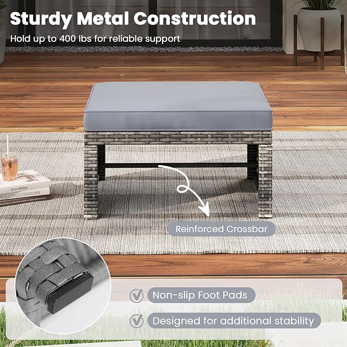 Tangkula 2 Pieces Patio PE Rattan Ottomans, Multipurpose Outdoor Footstool Footrest Additional Seating Side Table with Soft Zippered Cushions for Deck, Garden, and Yard (Gray)-Ruum Studio Home