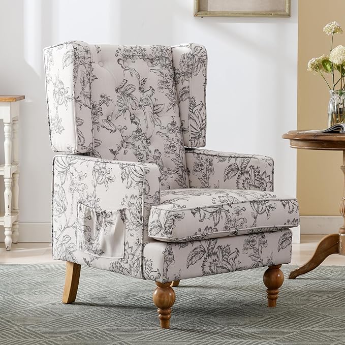 DUOMAY Tufted Accent Chair Set of 2, Modern Linen Upholstered Wingback Side Arm Chair for Living Room Bedroom with Wood Legs, Comfy Reading Guest Chair for Office, Beige Flower Pattern-Ruum Studio Home