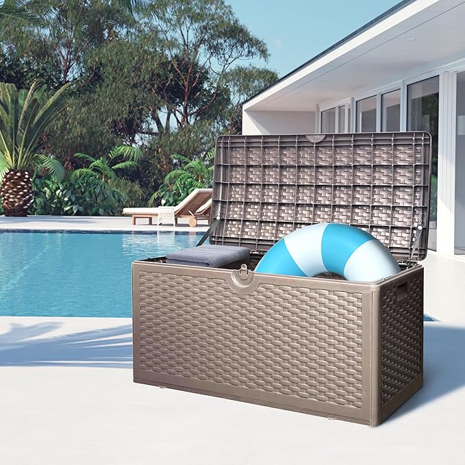 80 Plus Gallon Outdoor Storage Box, Waterproof Resin Deck Box Outdoor Storage Bin for Patio, Poolside, and Garden, Lockable & UV-Resistant, Ideal for Small Spaces, Brown-Ruum Studio Home