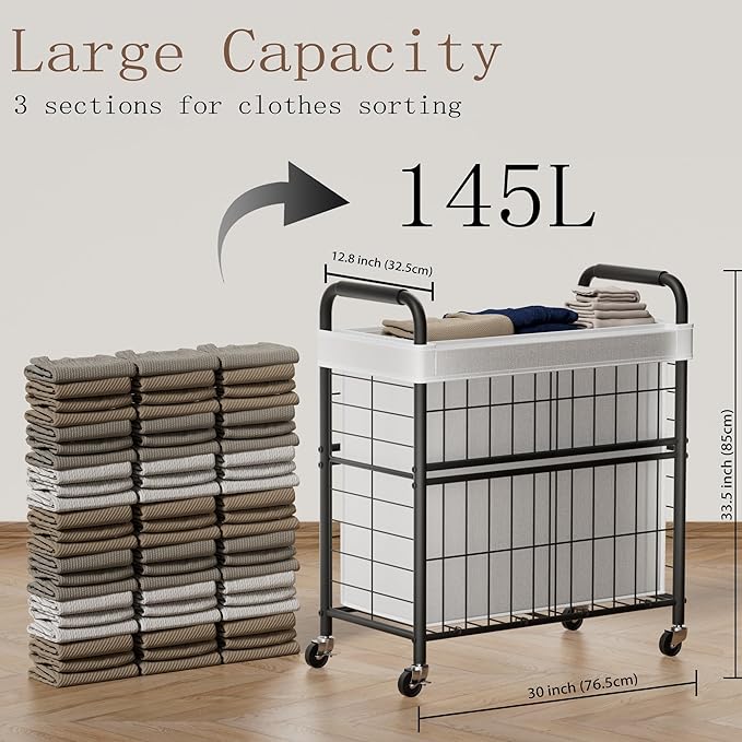 Laundry Hamper 3 Section, 145L Rolling Laundry Sorter Basket with Wheels, 3 Compartment Clothes Organizer Cart, Pull-Out Removable Bags for Laundry Room, Bathroom, Bedroom, White-Ruum Studio Home