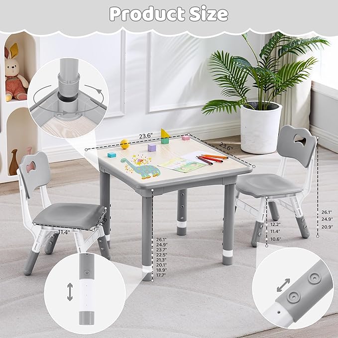 Kids Table and 2 Chairs Set, Height Adjustable (17.7"-26.1") Toddler Table and Chair Set, Multi-Activity Table with Graffiti Desktop, Children’s Table and Chairs for Classroom, Home & Daycare-Ruum Studio Home