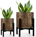 Harvest Land Plant Pots with Stand, Set of 2 Large Modern Planters Metal Tall Handmade Flower Pots with Drainage Holes Indoor Outdoor,Bronze-Ruum Studio Home