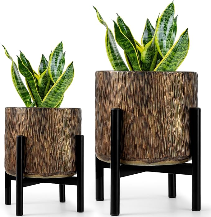 Harvest Land Plant Pots with Stand, Set of 2 Large Modern Planters Metal Tall Handmade Flower Pots with Drainage Holes Indoor Outdoor,Bronze-Ruum Studio Home