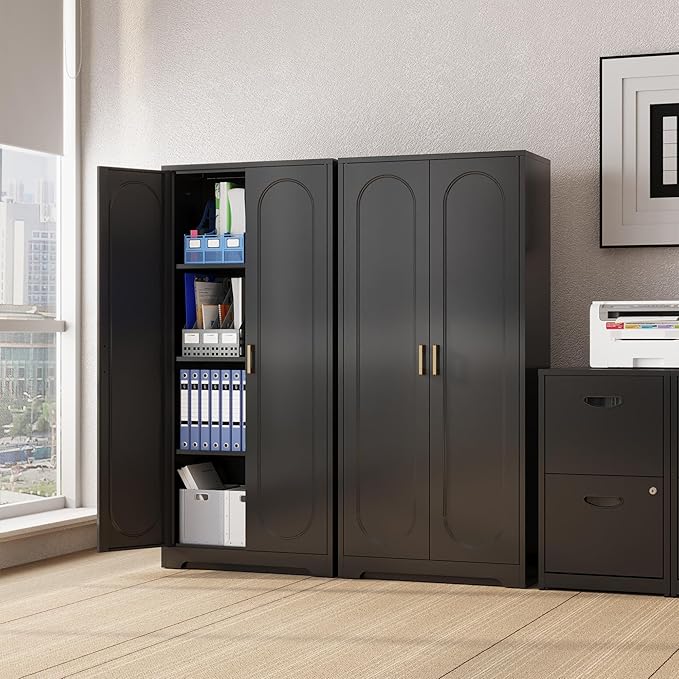 Metal Kitchen Storage Cabinets,60”Pantry Cabinet with Doors and 4 Adjustable Shelves,Tall Black Cabinet for Pantry, Laundry Room,Living Room,Dinning Room-Ruum Studio Home