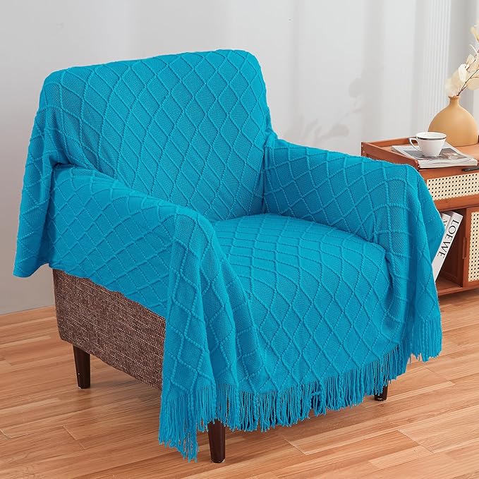 inhand Teal Throw Blanket for Couch and Bed, Soft Living Room Home Decor Knitted Blanket with Tassel, Outdoor Lightweight Breathable Summer Blanket, Farmhouse Warm Woven Decorative, 50"x60"-Ruum Studio Home