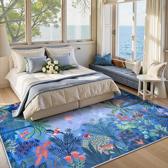 LIVEBOX Washable Jungle Animal Print Rugs 9x12 Blue Rugs for Living Room, Stain Resistant Soft Kids Area Rugs for Bedroom, Non-Skid Modern Dining Room Rug Floor Carpet for Playroom Kids Nursery-Ruum Studio Home