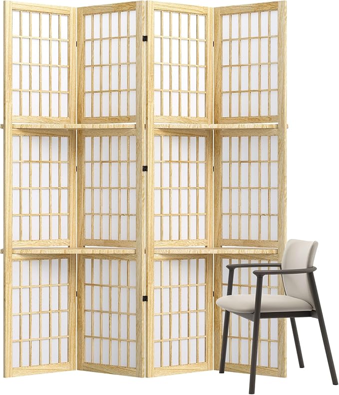 5.6FT Room Divider and Folding Portable Partition Screen, Chinese Japanese Shoji Style with Three Display Shelves for Room Separation - 4 Panel (Natural)-Ruum Studio Home