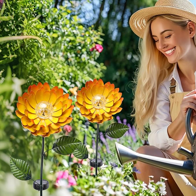 VCUTEKA Solar Garden Lights Metal Flower Decor Colorful Yellow Flowers Solar Pathway Light with LED Cracked Crystal Ball Outdoor Decorative Stake for Patio Yard Lawn-Ruum Studio Home
