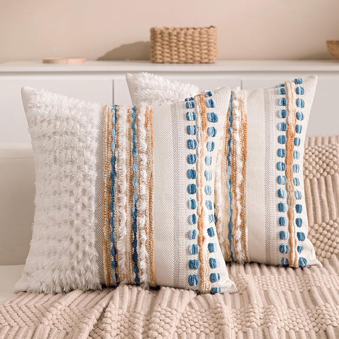 Boho Chenille Tufted Couch Throw Pillow Covers 18x18 Inch Set of 2 Farmhouse Striped Decorative Pillow Covers Accent Neutral Pillowcase Caramel Brown Blue Cushion Cover for Livingroom Sofa Bed-Ruum Studio Home