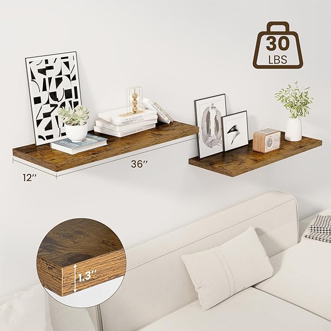 36" Floating Shelves for Wall, 12" Deep Slim Rustic Brown Floating Shelves, Wall-Mounted Shelves for Bedroom, Living Room, Kitchen, Bathroom - Set of 2-Ruum Studio Home