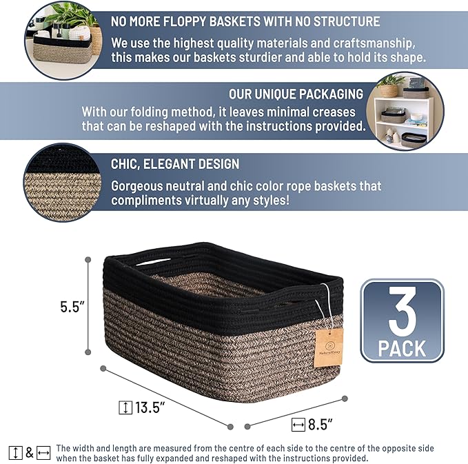 NaturalCozy 13.5”x8.5”x5.5” Rectangle Storage Baskets for Shelves 3 Pack | Cotton Rope Woven Small Baskets for Organizing | Small Storage Bins for Nursery, Bathroom, Closet, Shelf, Decorative-Ruum Studio Home