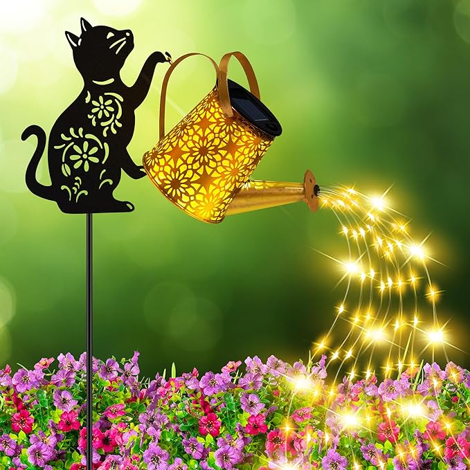 Solar Lights Outdoor Decorative, Watering Can with Cascading Lights, with Cat Silhouette Garden Stakes, Waterproof Metal Garden Decor for Yard Art, Outside, Patio, Lawn Ornaments-Ruum Studio Home