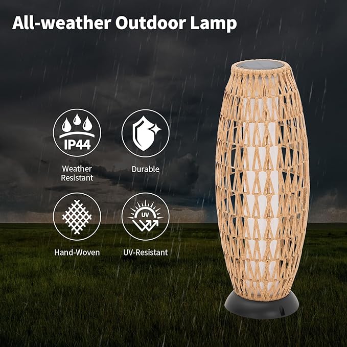 Large Patio Solar Powered Lantern for Garden Outdoor Decorative Floor Lamp Water-Resistant Wicker Lights for Deck Backyard-Ruum Studio Home