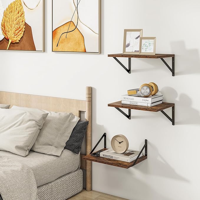 Heimlove Deep Floating Shelves for Wall, 12 Inch Deep Floating Shelves Set of 3, 16W x 12D Wood Wall Shelves, Wide Shelves with Metal Bracket for Living Room, Kitchen, Office, Bedroom - Rustic Brown-Ruum Studio Home