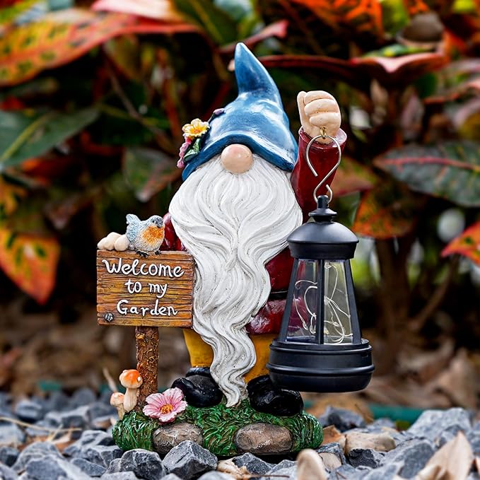 Garden Gnome Statues Figurine Lights - Solar Powered Lighting Outdoor Decorations with Lantern & Welcome Sign, Yard Art Lawn Ornaments for Porch Patio Balcony - Gnome Gifts for Women Mom-Ruum Studio Home