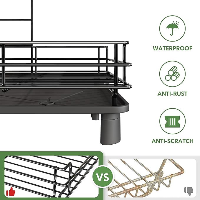 2 Tier Black Large Stainless Steel Dish Drainers Drying Rack for Kitchen Counter with Drainboard, Rust Proof Metal, Space Saving, Modern Aesthetic, Compact Plates Strainers with Extra Mat-Ruum Studio Home
