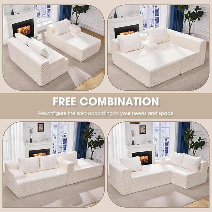Hobestluk 96“ Modular Sectional Sofa Couches L-Shape Couch 3 Seat Modular Sofa Memory Foam Sectional Couches for Living Room, Cloud Couch with Oversized Chaise (White, Checked (Right Facing Chaise))-Ruum Studio Home
