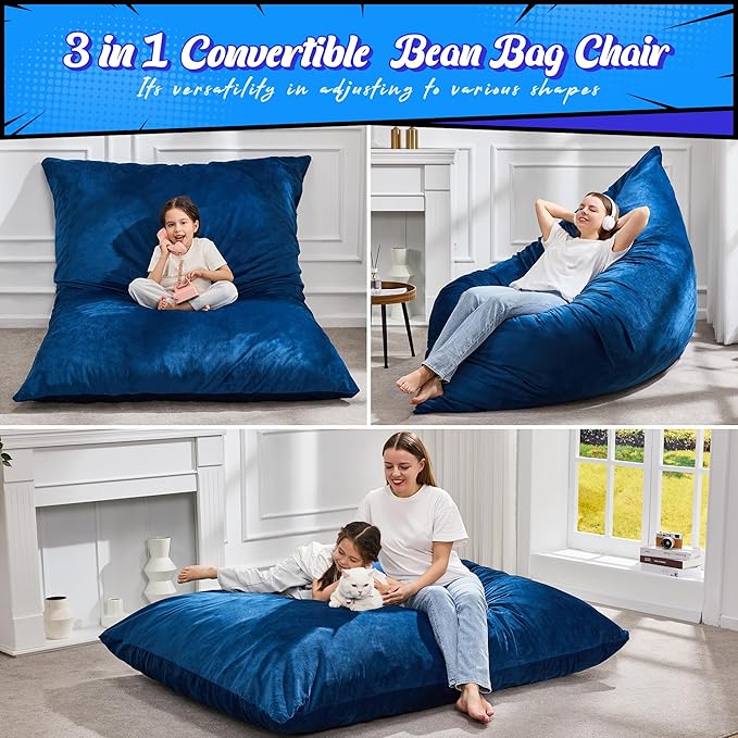 Hobestluk 3 in 1 Bean Bag Chair Giant Bean Bag Chairs for Adults with Velvet Cover Convertible Bean Bag Floor Cushion with Machine Washable Cover for Living Room (Velvet Blue)-Ruum Studio Home