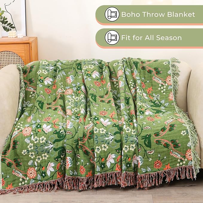 Boho Ultra Soft Throw Blanket 60''x80',100% Cotton Blankets for Couch Bed,Squirrel Farmhouse Home Decor Bed Blankets, All Season Rustic Reversible Bohemian Lightweight Throw for Bed -Light Green ﻿-Ruum Studio Home