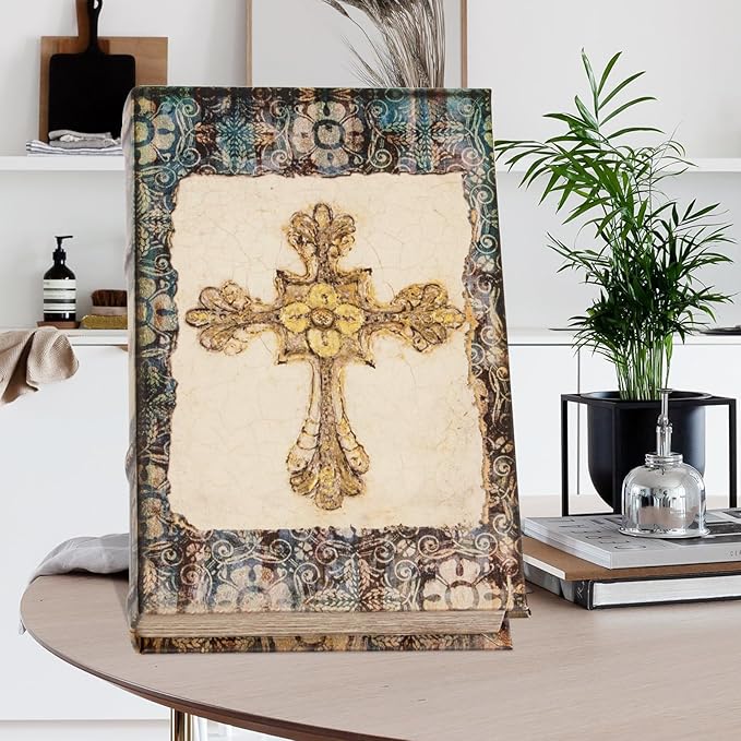 Vintage Style Wooden Decorative Book Box - Faux Leather, Christian Cross Pattern, Gift Idea-Ruum Studio Home