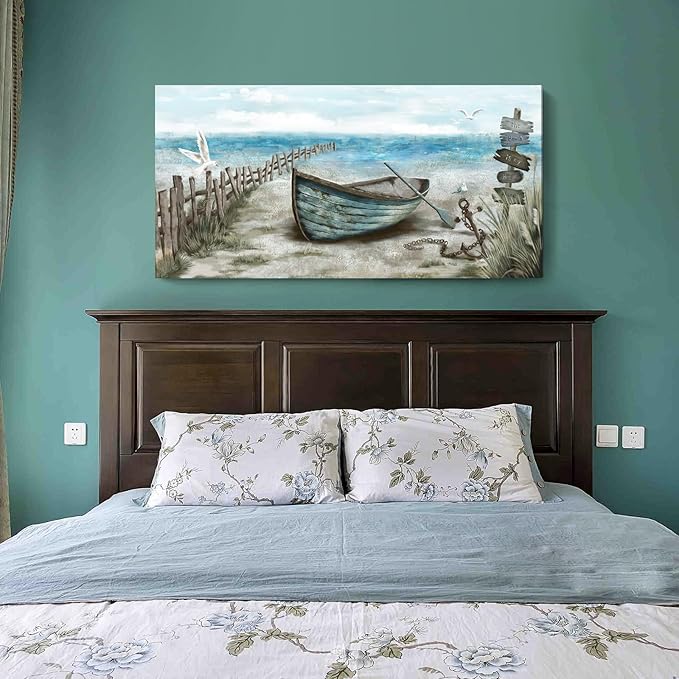 Wall Art for Living Room Large Beach Decor Picture Seagull Vintage Boat Artwork Ocean Sea Bird Canvas Print Seascape Nautical Painting Blue Teal Rustic Coastal Themed Cottage Bedroom Office Décor-Ruum Studio Home