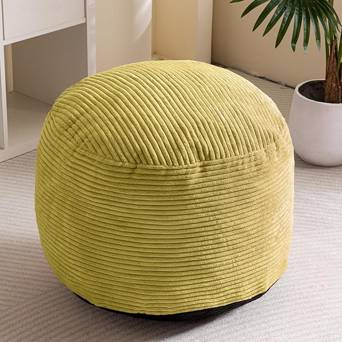 HIGOGOGO Round Stuffed Pouf Ottoman, Corduroy Poufs with Foam Chunk Filling, Furry and Fluffy Pouf Foot Stool Storage Ottoman, 26 X 18 Floor Poufs Foot Rest for Living Room, Green-Ruum Studio Home