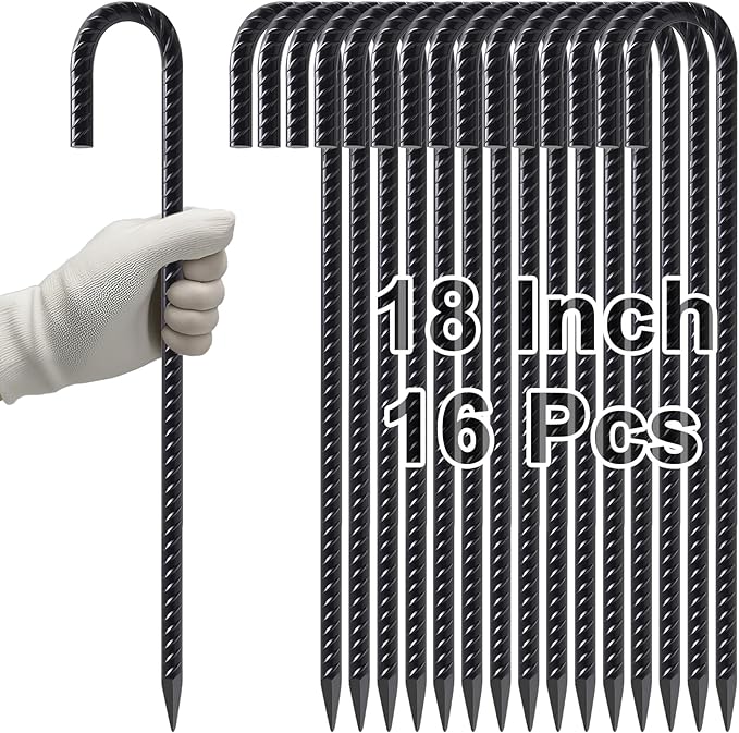 VVOKGO Rebar Stakes 18 Inch J Hook Heavy Duty Ground Anchors (16-Pack), 3/8" Diameter Metal Steel Extra Long Fence Stakes with Chisel Point End for Greenhouse, Gazebo, Carport, Camping Tents, Black-Ruum Studio Home