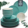 Stoneware Dinnerware Set for 4 People HYGGE 12-Piece - Elegant Scandi Design - Premium Dish Set - Bowl and Plate Set - Tableware for 4 People in a Ribbed Design - Pure Living in Green-Ruum Studio Home