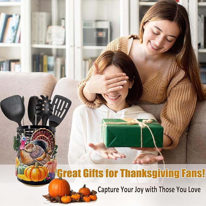 Thanksgiving Turkey Utensil Holder, Thanksgiving Turkey Pumpkin Kitchen Decor Utensil Organizer for Countertop, Fall Metal Cooking Tools Farmhouse Counter Decor, Kitchen Gifts Utensil Caddy Harvest-Ruum Studio Home
