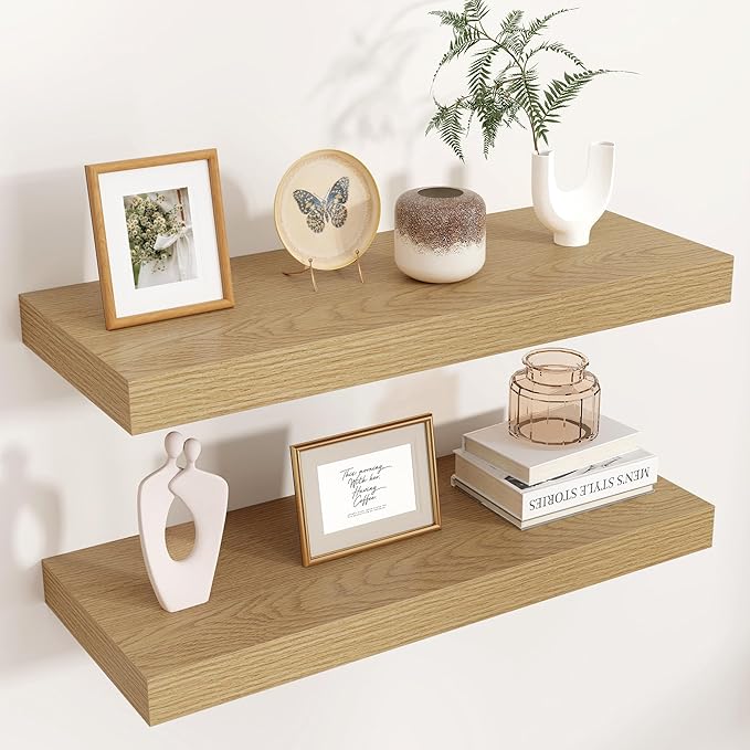Floating Shelves for Wall, 2 Large Wall Mounted Shelves with Invisible Brackets, Long Wood Floating Wall Shelf Shelves for Living Room, Bedroom, Kitchen, (Oak, 24" W x 9" D x 1.5" H)-Ruum Studio Home