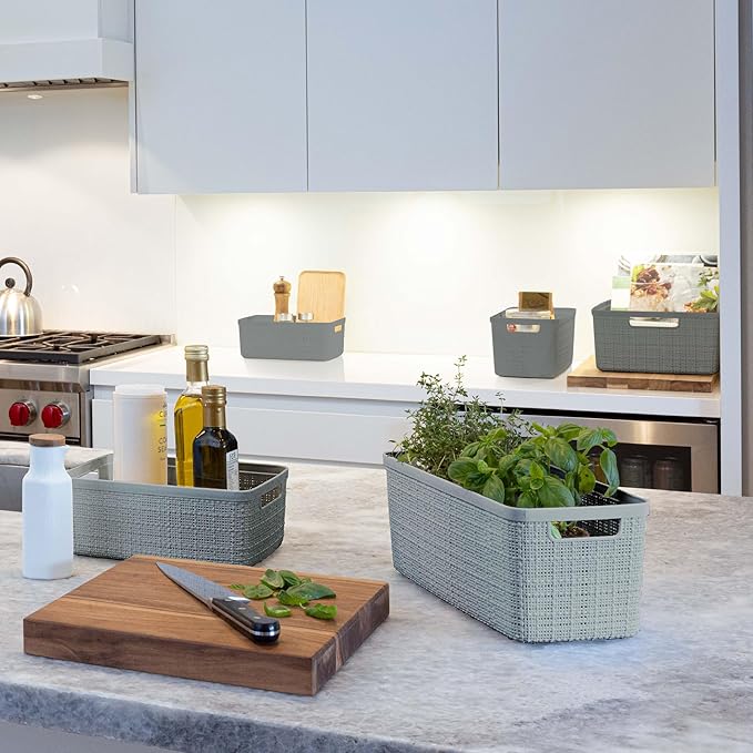 Curver Jute Decorative Plastic Organization and Storage Basket Perfect Bins for Home Office, Closet Shelves, Kitchen Pantry and All Bedroom Essentials, Set of 8 Grey-Ruum Studio Home