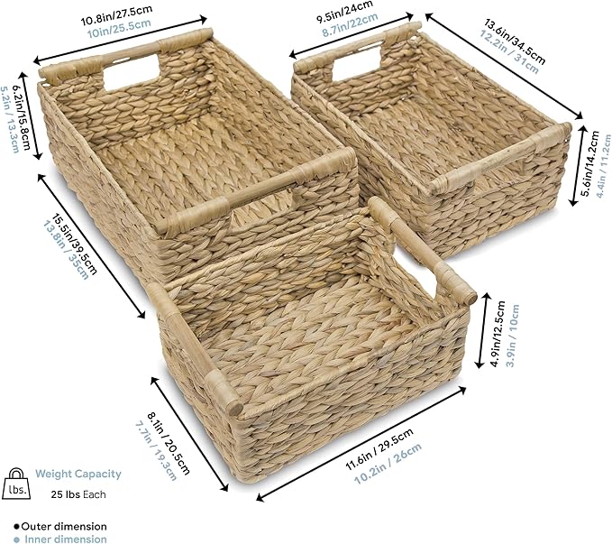 VATIMA Hyacinth Wicker Basket Set 3 size - Rectangular, Wooden Handles, Shelf Organizer, Natural Bins-Ruum Studio Home