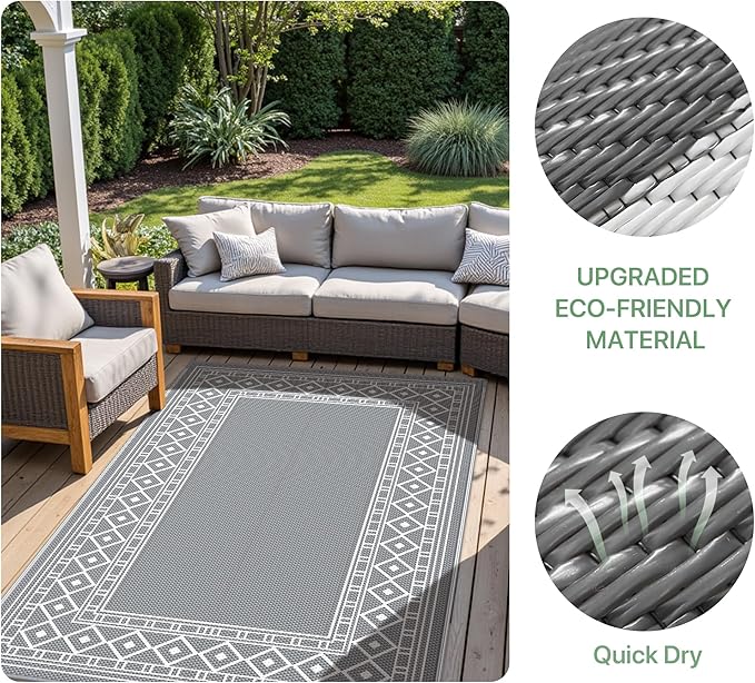 GENIMO Outdoor Rug Waterproof for Patio, 9'x12' Reversible Plastic Straw Outdoor Carpet, Camping Outside Mat for Outdoor Decor, RV, Deck, Camper, Balcony, Picnic, Grey & White-Ruum Studio Home