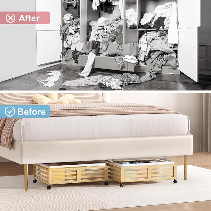 Under Bed Storage Containers With Wheels - 2 Pcs Bamboo Wood Rolling Underbed Shoe Storage Bins With Dust Bags for Clothes Blankets, Duvet Covers Snacks Toys (Natural)-Ruum Studio Home