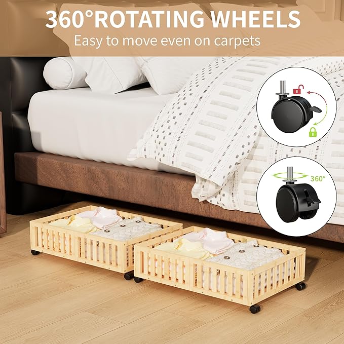 Bamboo Under Bed Storage with Wheels (2-Pack) – Rolling Underbed Shoe Organizer Box for Shoes, Blankets, Toys, Clothes Container Space-Saving Organizer Bins for Bedroom, Closet, Dorm, Nursery-Ruum Studio Home