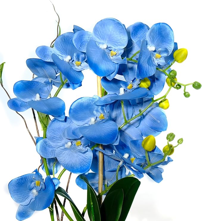 Orchid Artificial Flowers with Gray Vase Large Silk Faux Phalaenopsis Flowers for Dining Room Table Floral Centerpieces Indoor Decoration,Blue-Ruum Studio Home