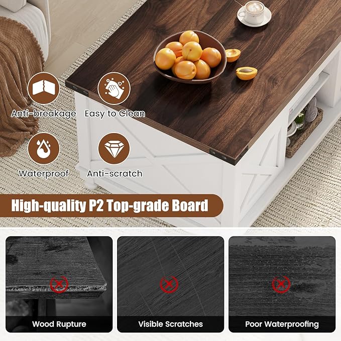 48" Farmhouse Lift Top Coffee Table with Storage Sliding Barn Door & Large Hidden Compartment, Coffee Table with Lifting Top with Wooden Lift Tabletop, Coffee Tables for Living Room, White-Ruum Studio Home