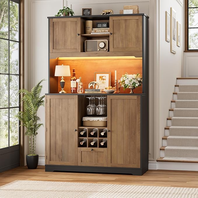 FINETONES 71" Pantry Cabinet with LED Light and Charging Station, Kitchen Pantry Cabinet with Microwave Stand, Kitchen Hutch Food Storage Cabinet with Outlet and Wine Racks, Black/Brown-Ruum Studio Home