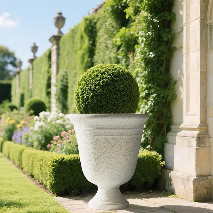 Worth Garden 2-Pack 19.5" H Plastic Urn Planters, Grayish White Large Lightweight Imitation Stone Textured Decorative Flower Plant Pots with Drainage Hole for Indoor Outdoor Patio Front Porch-Ruum Studio Home