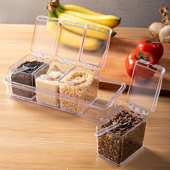 Clear Seasoning Box, 4 Pieces Seasoning Rack Spice Pots, Storage Container Condiment Jars Acrylic Seasoning Box with Covers and Spoons for Spice, Sugar, Salt, Sugar, Cardamon, Cinnamon-Ruum Studio Home
