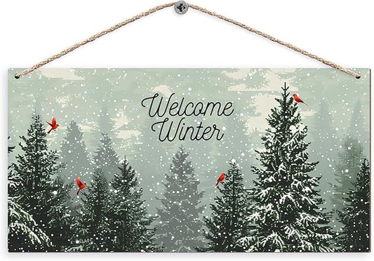 Welcome Winter Hanging Wooden Signs 12x6, Pine Tree Decor, Winter Door Decorations, Winter Door Sign, Snowflake Pine Trees Birds Home Room Office Hanging Wall Decor-Ruum Studio Home