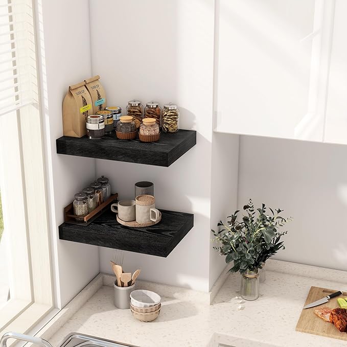 12 Inch Deep Black Floating Shelves, 16 x 12 Floating Shelf for Books, Rustic Wood Deep Wall Shelves for Home Storage & Display, 2" Thicked Shelves for Kitchen, Living Room, Bedroom, 2 Pack-Ruum Studio Home