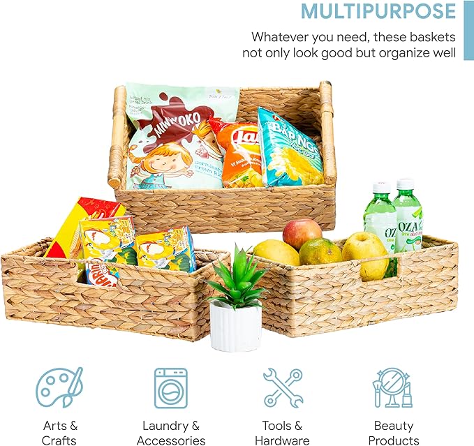 VATIMA Large Water Hyacinth Storage Baskets for Organizing with Wooden Handles for Shelves, 2 Bathroom Small Basket, Water Hyacinth Toilet Paper Baskets, Set of Natural Wicker Storage Basket for Home-Ruum Studio Home
