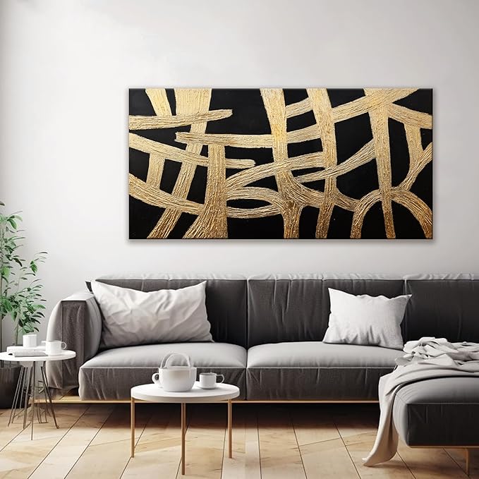 Abstract Wall Art Paintings Canvas Wall Art Decor Black And Gold Lines Artwork for Walls Texture Wall Decorations Modern Minimalist Wall Art Living Room Decor For Room Bedroom Office Wall Decor 24"X48"-Ruum Studio Home