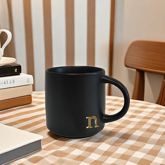 COLLECTIVE HOME - Black Monogram Ceramic Mugs, 15 oz Golden Initial Coffee Cups, Elegant Alphabet Tea Mugs, Personalized Halloween Mug with Gift Box, Perfect for Office and Home Décor (n)-Ruum Studio Home