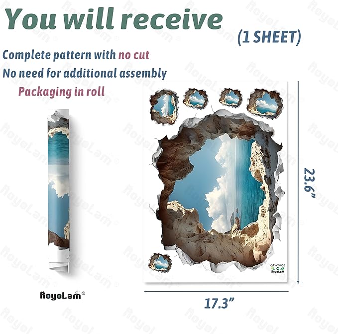 Cave by The Sea Wall Stickers for Living Room Large 3D Broken Wall Wall Decals Removable Peel and Stick Wall Art Home Decor Decoration for Bedroom Bathroom Classroom Library-Ruum Studio Home