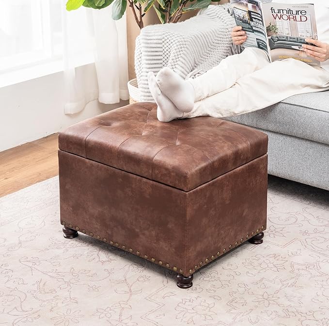 Joveco Leather Storage Ottoman, 24" Rectangle Tufted Square Upholstered Bench, Foot Rest Stool with Wood Legs, Footstool for Living Room Bedroom, Coffee-Ruum Studio Home