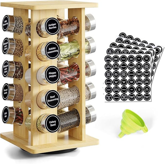 WelFurGeer Bamboo Spice Rack Organizer for Countertop, Revolving Spice Shelf with 20 Glass Jars, Lids & Labels, Desktop Rotating Seasoning Organizer for Kitchens, Space-Saving Design-Ruum Studio Home
